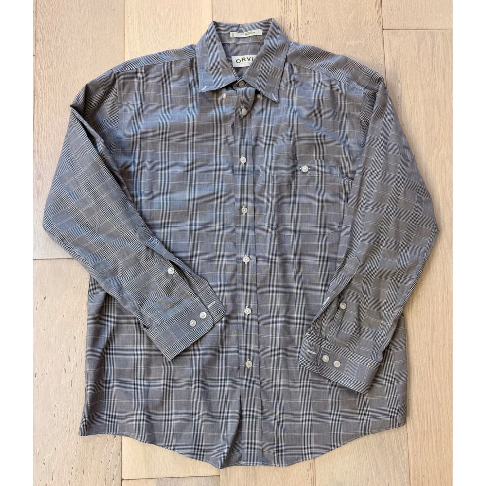 Orvis Mens Large Glen Plaid Button Down Shirt Grey Long Sleeve Cotton